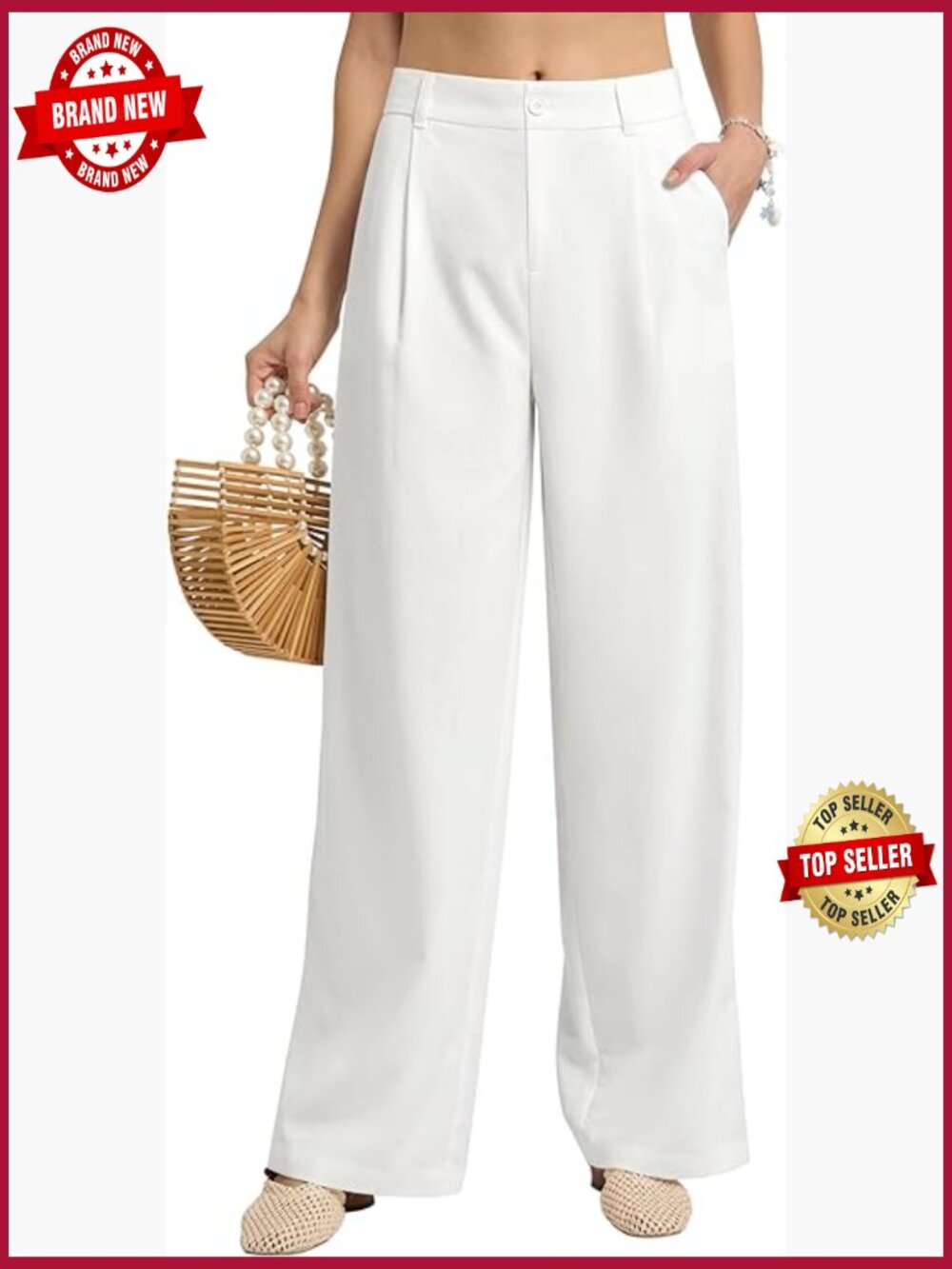 High Waisted Wide Leg Linen Trousers with Pockets 29" 31"